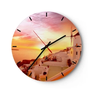 Wanduhr - Glasuhr - Blick auf griechische Architektur bei Sonnenuntergang - 30x30cm - In Weiß und Gold schmelzen - Moderne Wanddekoration für Wohnzimmer, Küche und Schlafzimmer ARTTOR