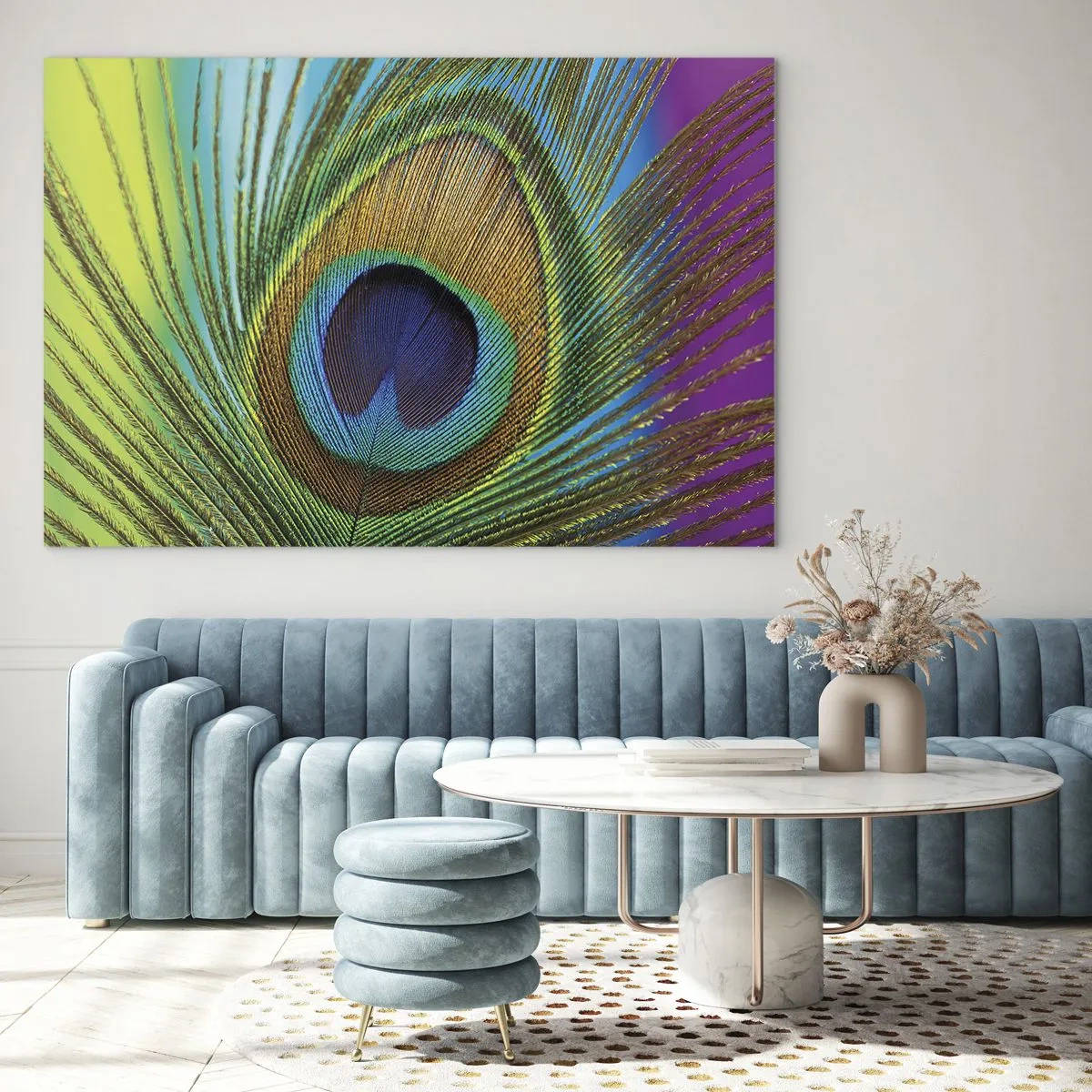 Glasbild - Bild auf glas - Eine Nahaufnahme einer bunten Pfauenfeder - 70x50cm - Auge in Auge - Moderne Wanddekoration für Wohnzimmer und Schlafzimmer ARTTOR
