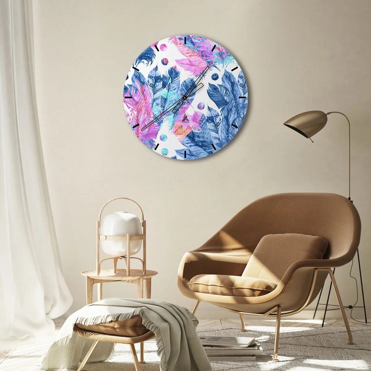 Wanduhr - Glasuhr - Bunte Federn im Aquarellstil - 30x30cm - Pflaumen in Pink und Blau - Moderne Wanddekoration für Wohnzimmer, Küche und Schlafzimmer ARTTOR
