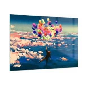 Glasbild - Bild auf glas - Eine Figur, die von bunten Ballons in die Luft getragen wird - 100x70cm - Ein Kindheitstraum wird wahr - Moderne Wanddekoration für Wohnzimmer und Schlafzimmer ARTTOR