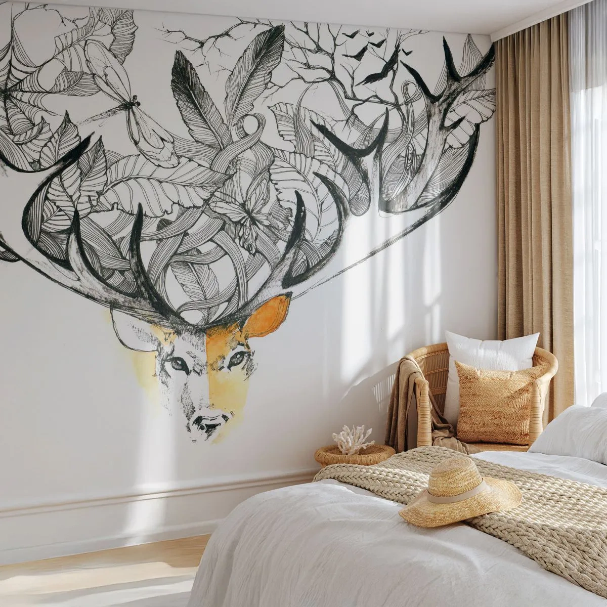 Fototapete Premium Sand - Ein Cartoon-Hirsch mit Geweih in Form von Blättern und Zweigen - 100x70cm - Ecken des Überflusses - Moderne Wanddekoration für Wohnzimmer und Schlafzimmer ARTTOR