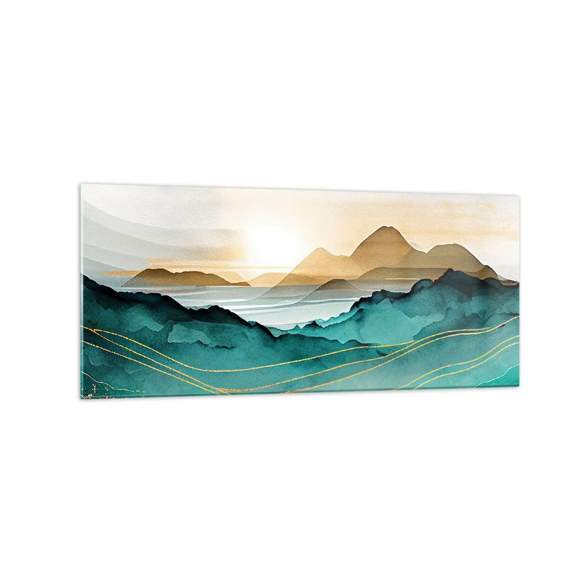 Glasbild - Bild auf glas - Abstrakte Landschaft mit Bergen und goldenen Akzenten - 120x50cm - Am Rande der Abstraktion – Landschaft - Moderne Wanddekoration für Wohnzimmer und Schlafzimmer ARTTOR