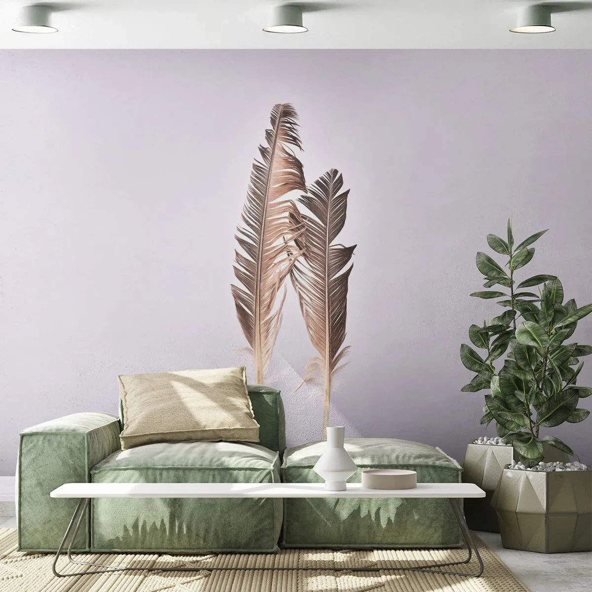 Fototapete Premium Sand - Zwei goldene Federn auf hellem Hintergrund - 100x70cm - Gegen das Nichts - Moderne Wanddekoration für Wohnzimmer und Schlafzimmer ARTTOR
