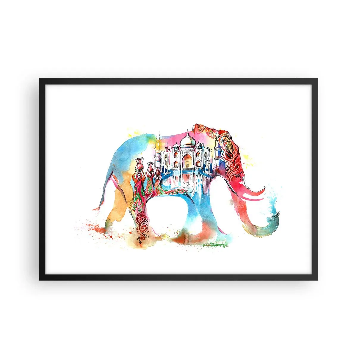 Poster in einem schwarzem Rahmen - Farbenfrohes Aquarell eines Elefanten mit Taj Mahal-Motiv - 70x50cm - Indien – die Aura der Liebe - Moderne Wanddekoration für Wohnzimmer und Schlafzimmer ARTTOR