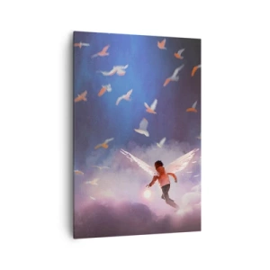 Bild auf Leinwand - Leinwandbild - Eine Figur mit Engelsflügeln, die zwischen Vögeln am Himmel schwebt - 70x100cm - Du brauchst Fantasie und Mut - Moderne Wanddekoration für Wohnzimmer und Schlafzimmer ARTTOR