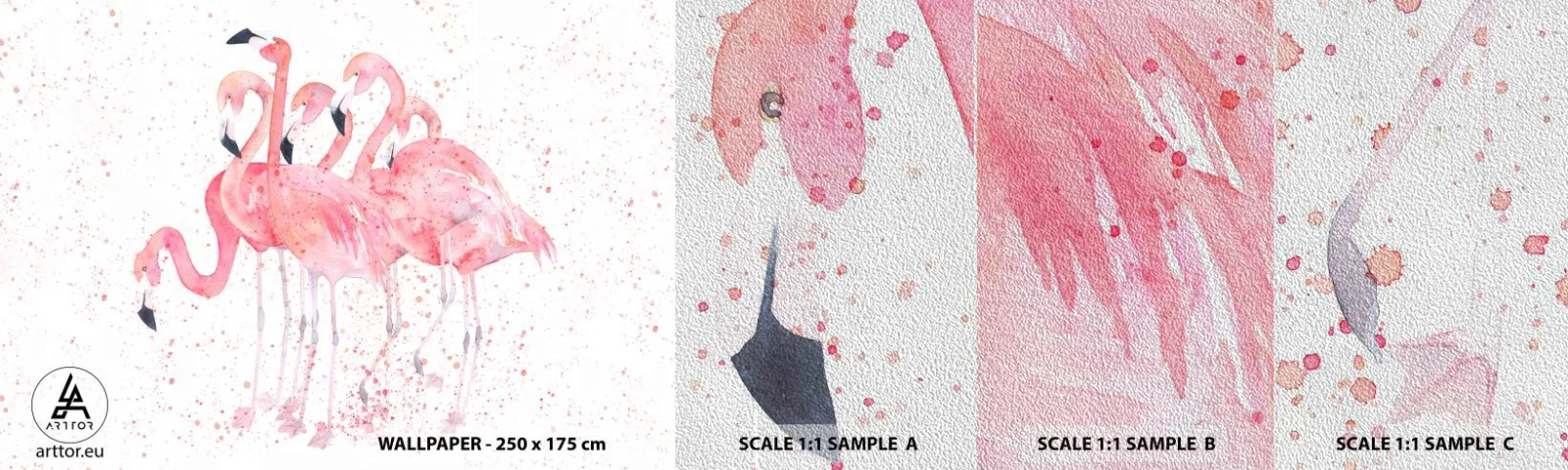 Fototapeten Muster Premium Sand - Rosa Ensemble - Flamingos, Vögel, Grafik - 100x30 cm