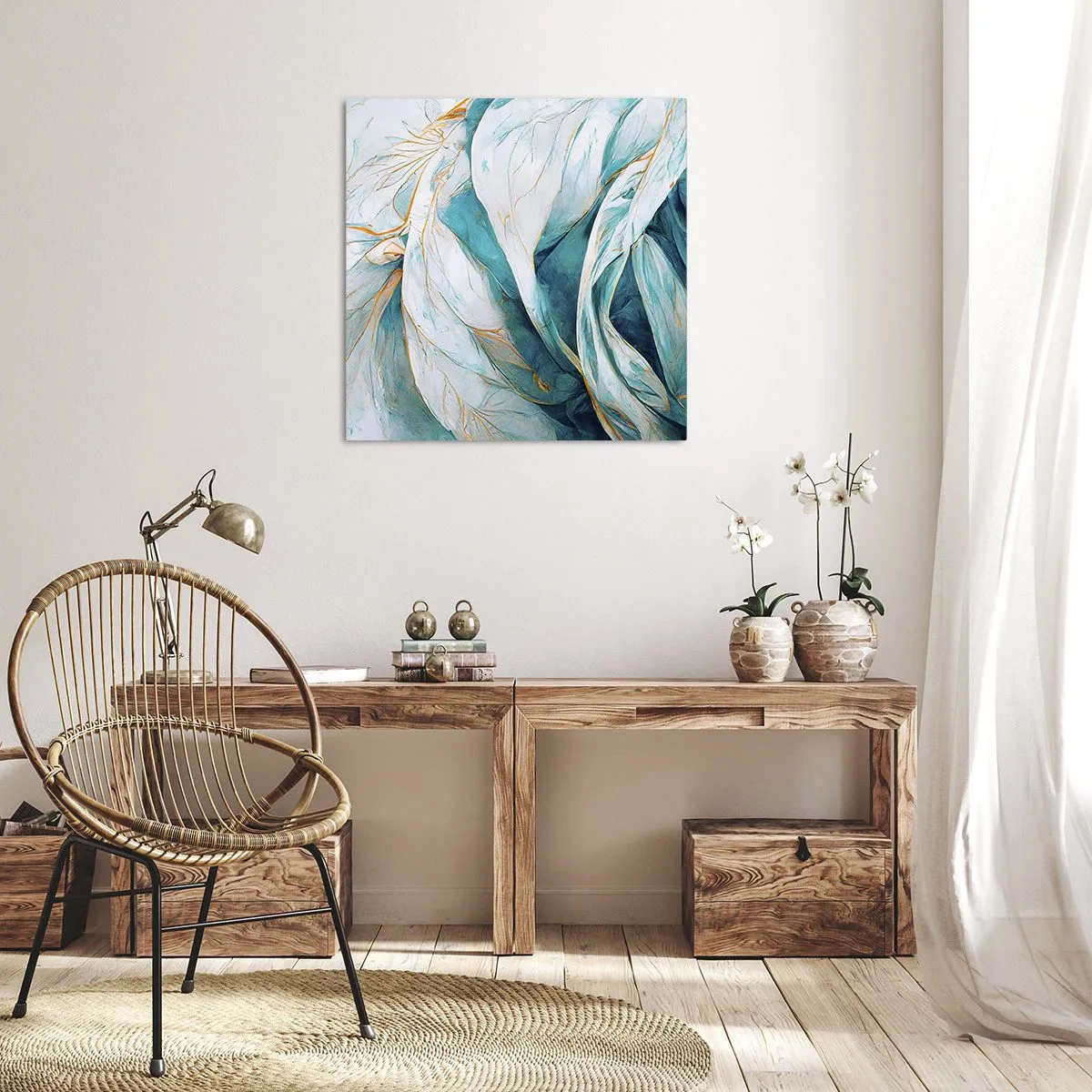 Bild auf Leinwand - Leinwandbild - Blaue Abstraktion mit goldenem Motiv - 70x70 cm