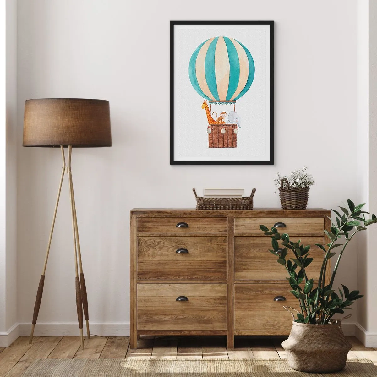 Poster in einem schwarzem Rahmen - Aquarell-Illustration eines Heißluftballons mit niedlichen Tieren - 50x70cm - Fantastische Reise - Moderne Wanddekoration für Wohnzimmer und Schlafzimmer ARTTOR