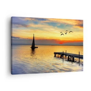 Bild auf Leinwand - Leinwandbild - Sonnenuntergang mit einem Segelboot und Pier auf einem ruhigen See - 70x50cm - Abendrückkehr - Moderne Wanddekoration für Wohnzimmer und Schlafzimmer ARTTOR