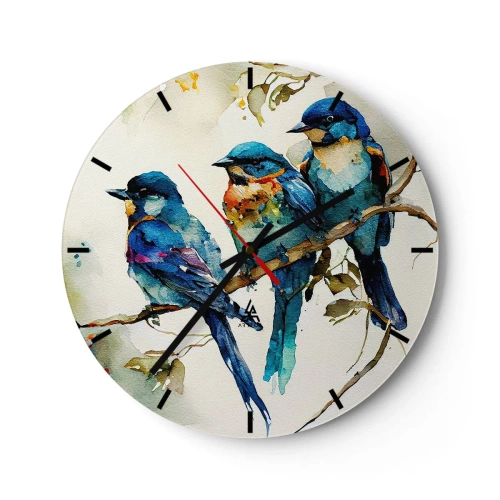 Wanduhr - Glasuhr - Bunte Vögel auf einem Ast im Aquarell-Illustrationsstil - 30x30cm - War er beleidigt? - Moderne Wanddekoration für Wohnzimmer, Küche und Schlafzimmer ARTTOR