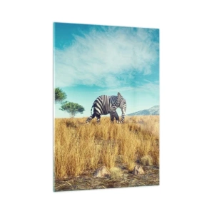 Glasbild - Bild auf glas - Ein Elefant mit Zebrastreifen in der Savanne unter freiem Himmel - 50x70cm - Grau ist nicht mehr in Mode - Moderne Wanddekoration für Wohnzimmer und Schlafzimmer ARTTOR