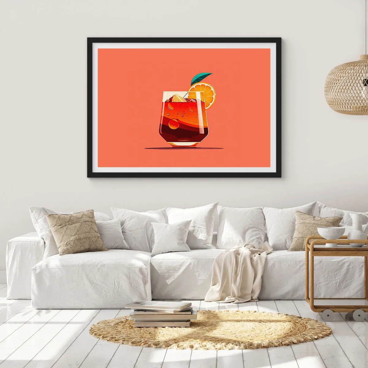 Poster in einem schwarzem Rahmen - Ein Glas Getränk und eine Orangenscheibe auf orangefarbenem Hintergrund - 100x70cm - Sommerliche Erfrischung - Moderne Wanddekoration für Wohnzimmer und Schlafzimmer ARTTOR
