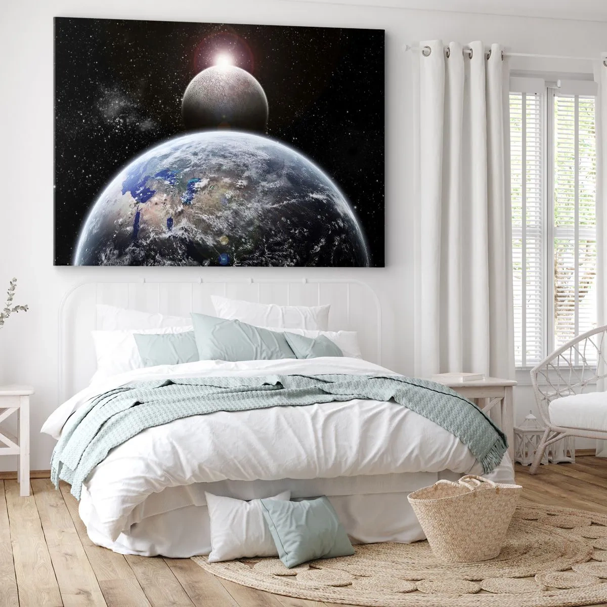 Bild auf Leinwand - Leinwandbild - Planet Erde und Mond vor dem Hintergrund des sternenklaren Weltraums. - 70x50cm - Weltraumlandschaft - Sonnenaufgang - Moderne Wanddekoration für Wohnzimmer und Schlafzimmer ARTTOR