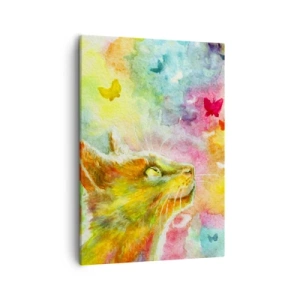 Bild auf Leinwand - Leinwandbild - Eine Katze umgeben von bunten Schmetterlingen - 50x70cm - Baju-baju im Katzenparadies - Moderne Wanddekoration für Wohnzimmer und Schlafzimmer ARTTOR