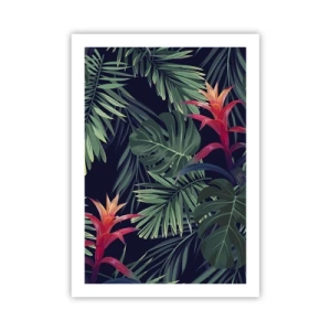 Poster - Tropische Blätter und Blüten auf dunklem Hintergrund - 50x70cm - Im Grünen in Flammen gehen - Moderne Wanddekoration für Wohnzimmer und Schlafzimmer ARTTOR