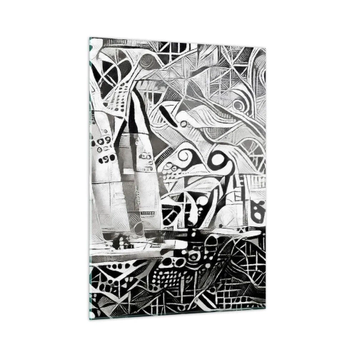 Glasbild - Bild auf glas - Schwarz-weiße Abstraktion mit Segelbooten und geometrischen Mustern - 50x70cm - Zwischen den Wellen - Moderne Wanddekoration für Wohnzimmer und Schlafzimmer ARTTOR