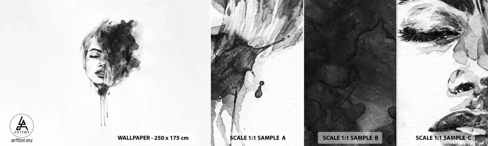 Fototapetenmuster Standard Eco - Wovon träumt das Mädchen - Porträt einer Frau, Das Gesicht einer Frau, Abstraktion - 100x30 cm