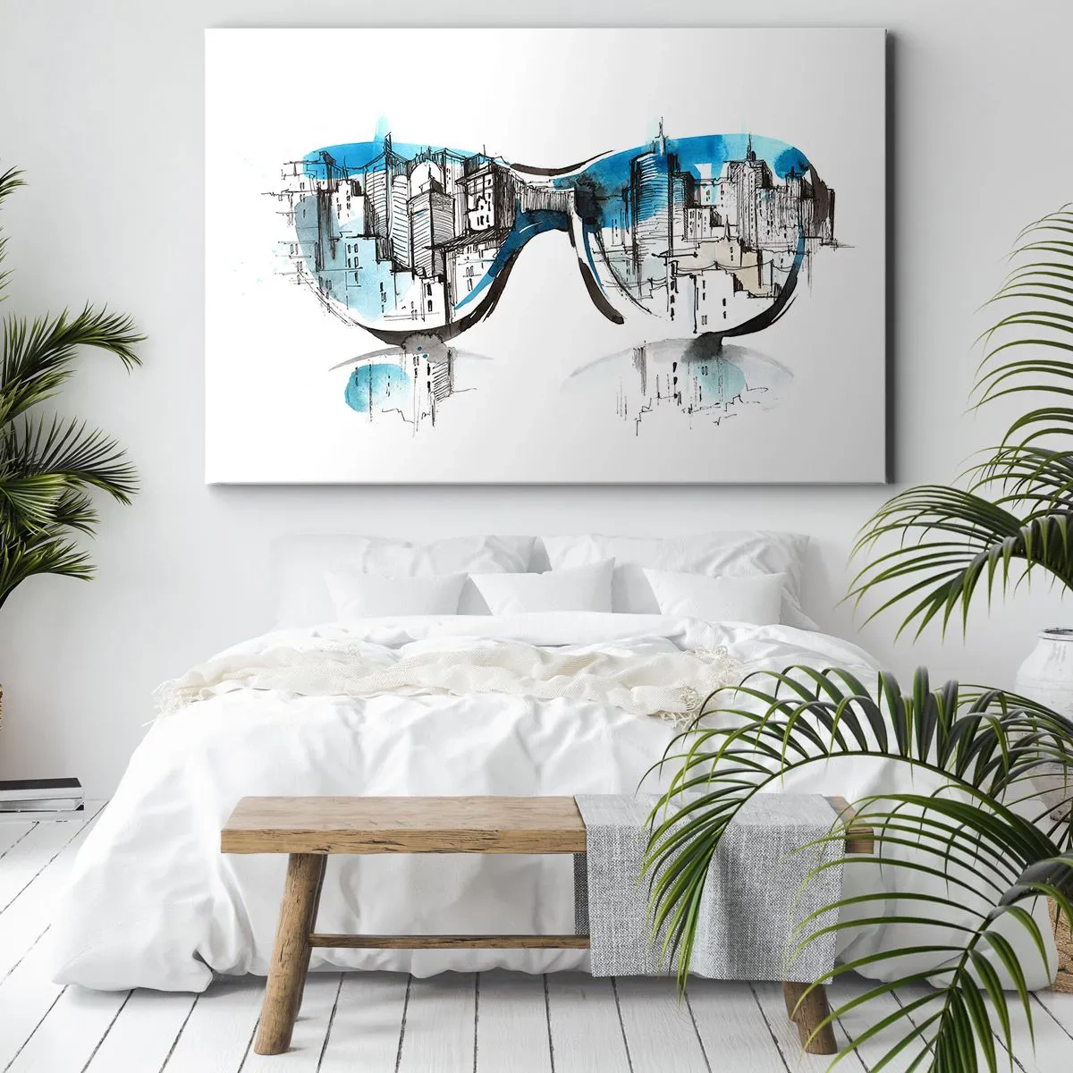 Bild auf Leinwand - Leinwandbild - Aquarell des Stadtpanoramas, das sich in den Gläsern spiegelt - 70x50cm - Großstadt-Chic - Moderne Wanddekoration für Wohnzimmer und Schlafzimmer ARTTOR