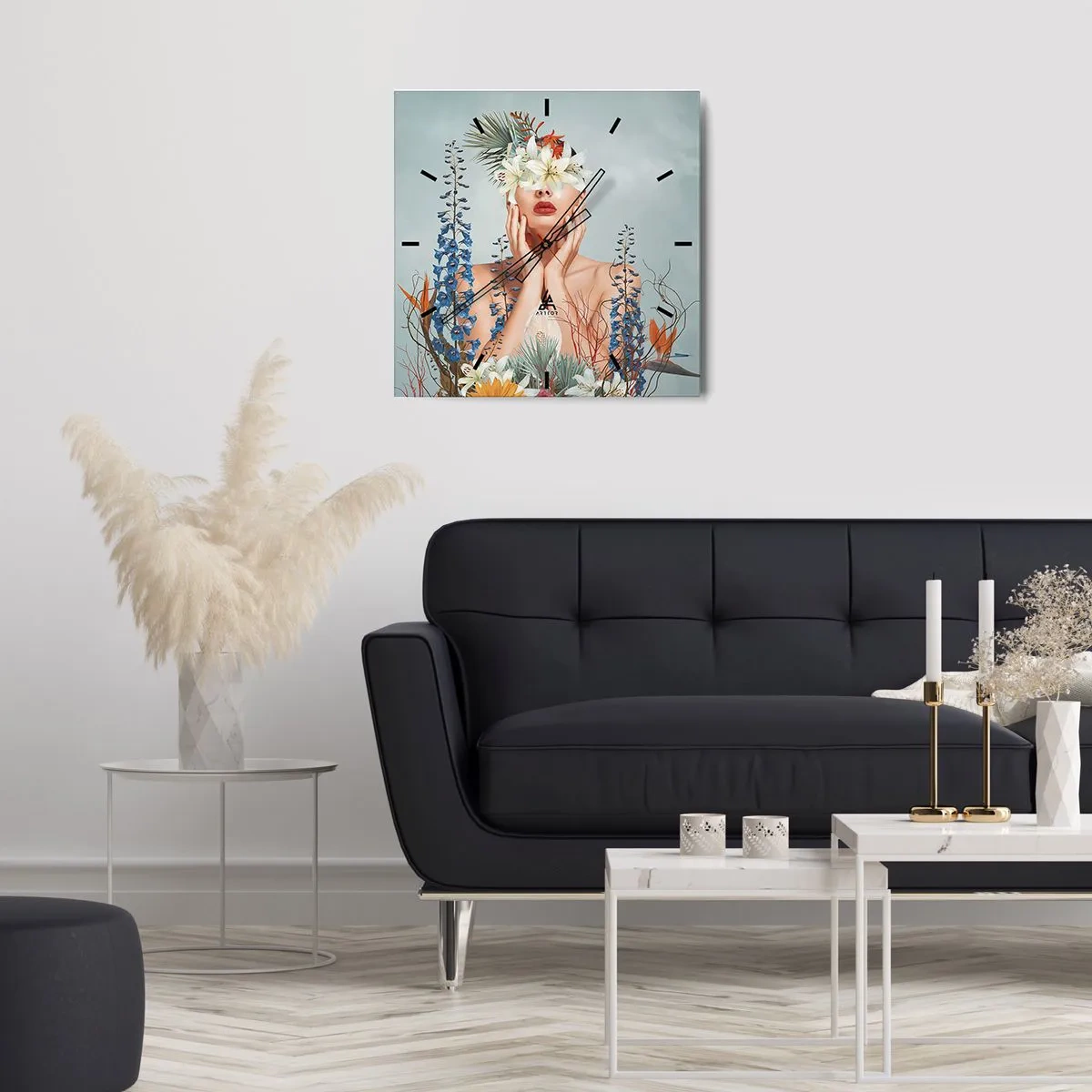 Wanduhr - Glasuhr - Frau - Blume - 40x40 cm