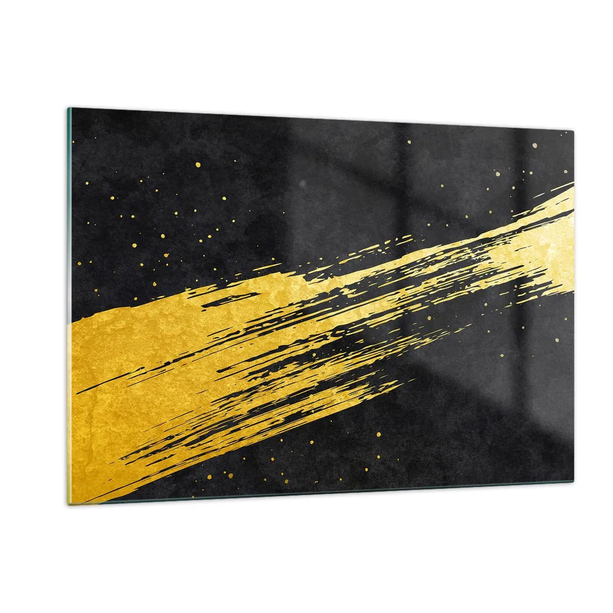 Glasbild - Bild auf glas - Ein goldener Pinsel auf schwarzem Hintergrund in dynamischer, abstrakter Form - 120x80cm - Sprung in den Hyperraum - Moderne Wanddekoration für Wohnzimmer und Schlafzimmer ARTTOR