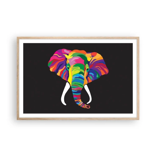 Poster in einem Rahmen aus heller Eiche - Der Elefant, der es liebte, im Regenbogen zu baden - 91x61 cm