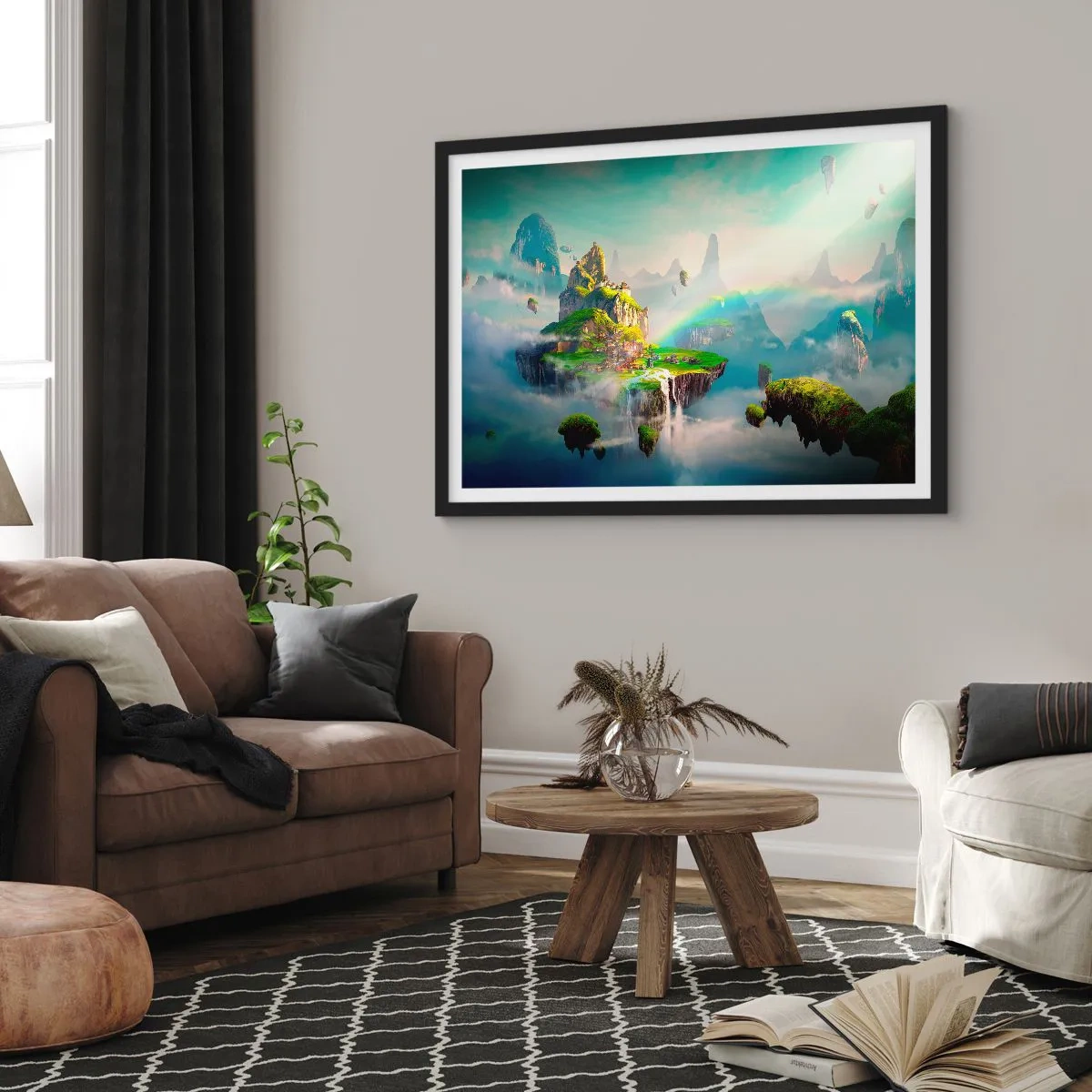 Poster in einem schwarzem Rahmen - Fliegende Inseln zwischen den Wolken mit einem Regenbogen am Horizont - 70x50cm - Mitten am Himmel - glückliche Inseln - Moderne Wanddekoration für Wohnzimmer und Schlafzimmer ARTTOR