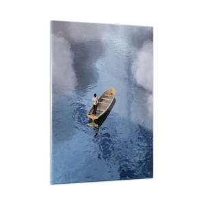 Glasbild - Bild auf glas - Ein Mann in einem Boot, das zwischen den Wolken durch das Wasser segelt - 50x70cm - Leben – Reise – unbekannt - Moderne Wanddekoration für Wohnzimmer und Schlafzimmer ARTTOR