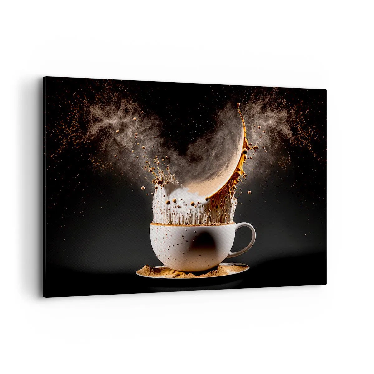 Bild auf Leinwand - Leinwandbild - Eine Tasse Kaffee mit einer dynamischen Flüssigkeitsexplosion auf schwarzem Hintergrund. - 100x70cm - Geschmacksexplosion - Moderne Wanddekoration für Wohnzimmer und Schlafzimmer ARTTOR