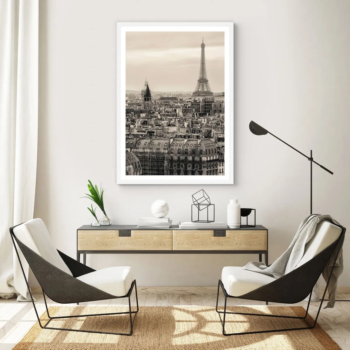 Poster in einem weißen Rahmen - Über den Dächern von Paris - 70x100 cm