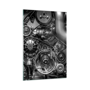 Glasbild - Bild auf glas - Schwarz-Weiß-Nahaufnahme der mechanischen Details eines Automotors. - 70x100cm - Die Poesie der Mechanik - Moderne Wanddekoration für Wohnzimmer und Schlafzimmer ARTTOR
