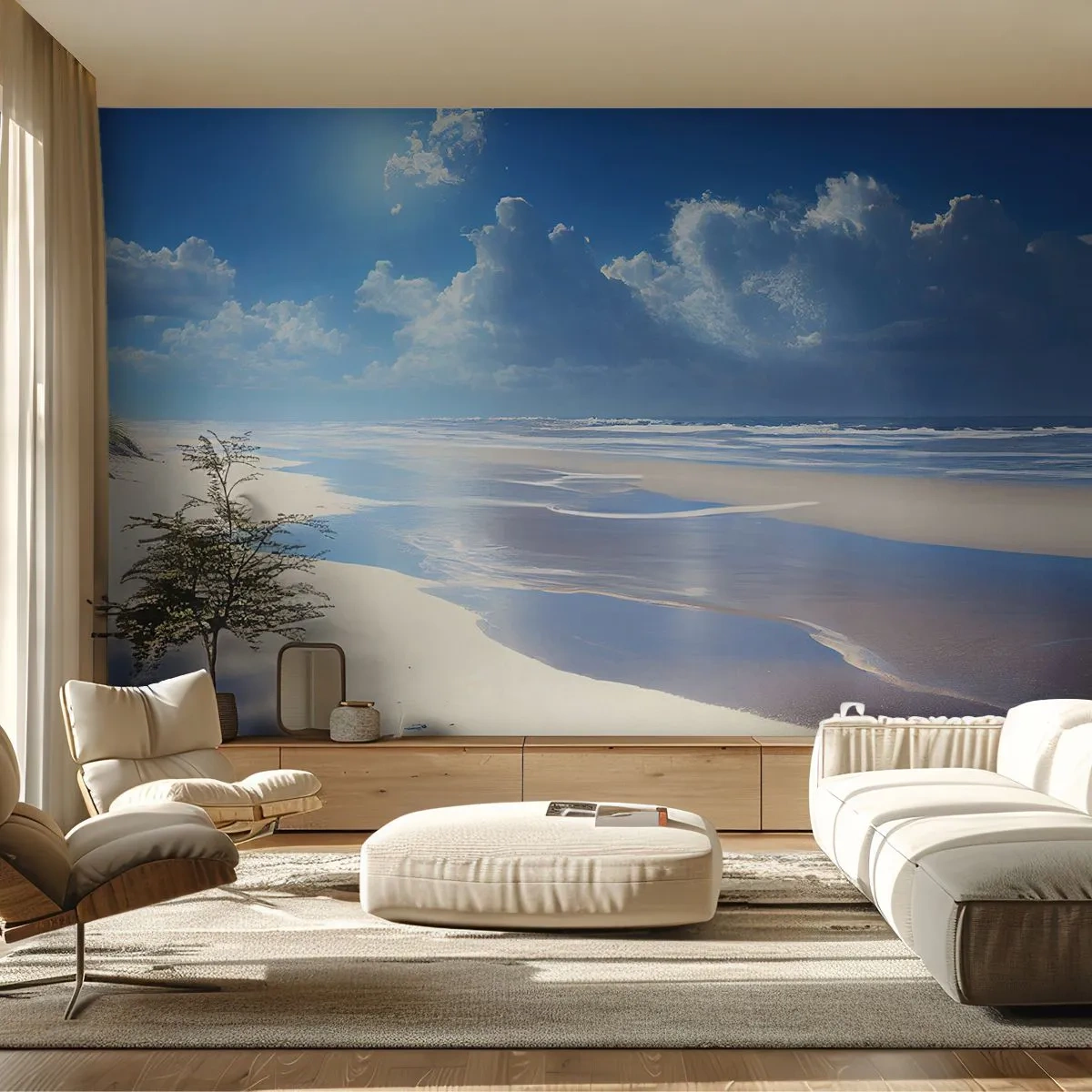 Fototapete Premium Sand - Ein breiter Sandstrand unter blauem Himmel - 100x70cm - Paradiesischer Urlaub - Moderne Wanddekoration für Wohnzimmer und Schlafzimmer ARTTOR