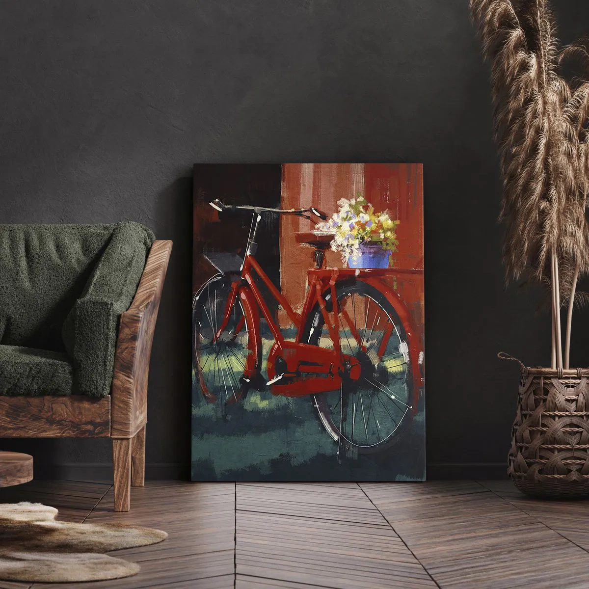 Bild auf Leinwand - Leinwandbild - Ein rotes Fahrrad mit Blumen vor einer orangefarbenen Wand - 80x120cm - Ich möchte mit meinem Fahrrad fahren - Moderne Wanddekoration für Wohnzimmer und Schlafzimmer ARTTOR