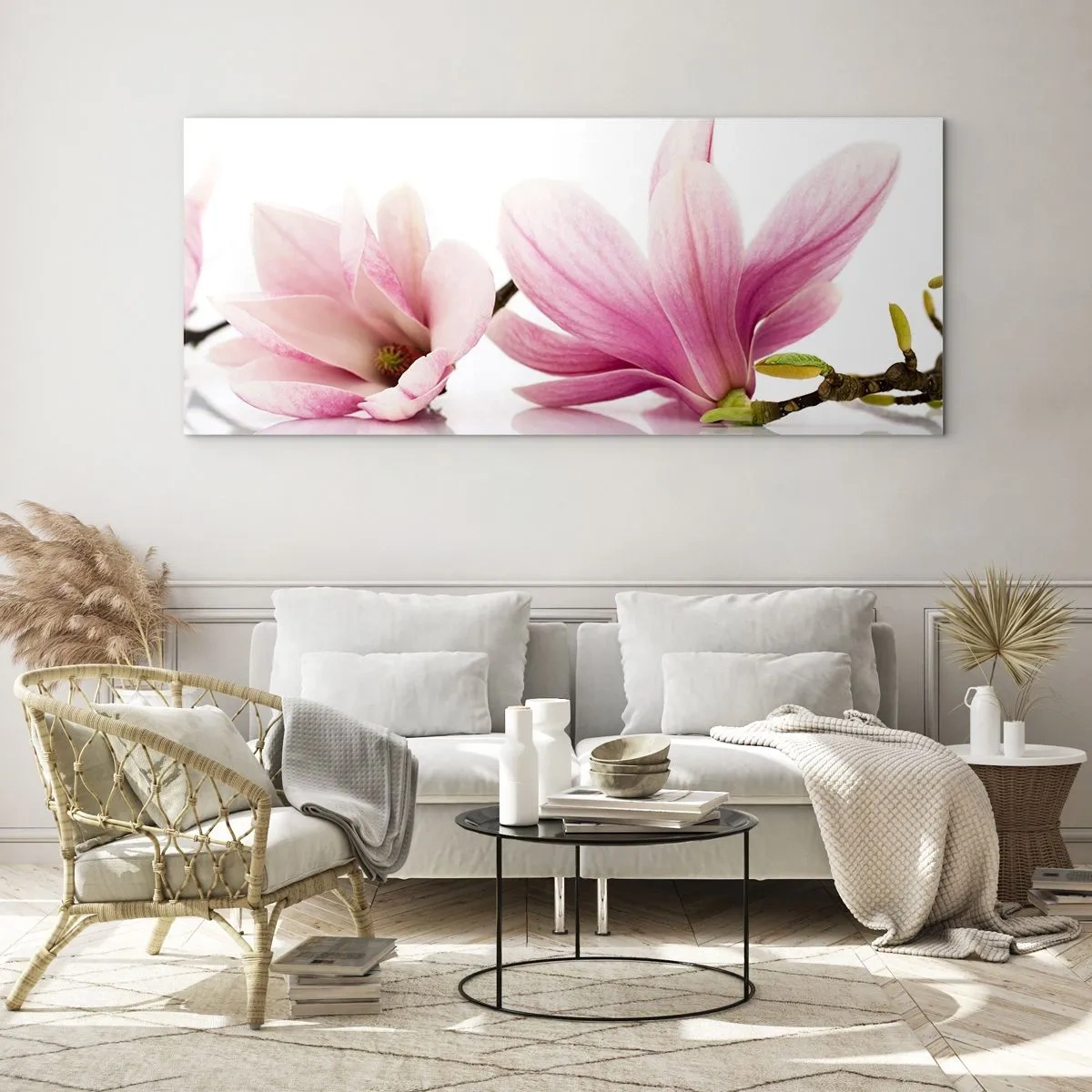 Glasbild - Bild auf glas - Zarte rosa Magnolien auf weißem Hintergrund - 120x50cm - Zart wie ein Frühlingswind - Moderne Wanddekoration für Wohnzimmer und Schlafzimmer ARTTOR