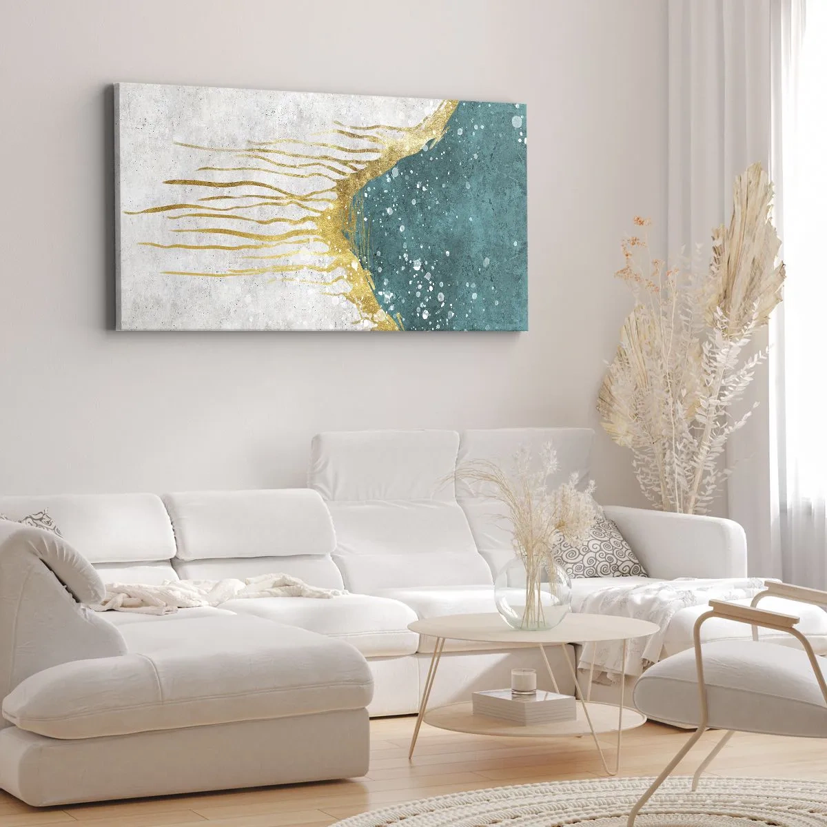 Bild auf Leinwand - Leinwandbild - Eine abstrakte Komposition in Gold- und Türkistönen - 160x50cm - Goldene Flut - Moderne Wanddekoration für Wohnzimmer und Schlafzimmer ARTTOR