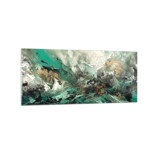 Glasbild - Bild auf glas - Abstrakte Landschaft in Grün- und Goldtönen - 120x50cm - Smaragdgrüne und schwarze Brandung - Moderne Wanddekoration für Wohnzimmer und Schlafzimmer ARTTOR