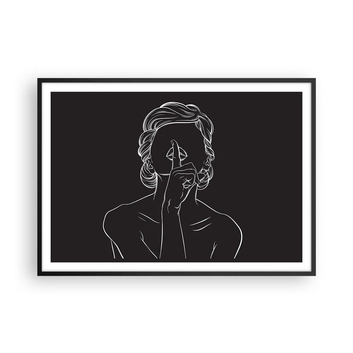 Poster in einem schwarzem Rahmen - Minimalistische Silhouette einer Frau auf schwarzem Hintergrund - 100x70cm - Schönheit erblüht in der Stille - Moderne Wanddekoration für Wohnzimmer und Schlafzimmer ARTTOR