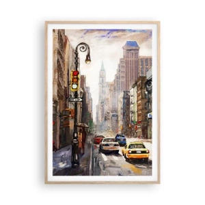 Poster in einem Rahmen aus heller Eiche - New York - auch im Regen bunt - 70x100 cm