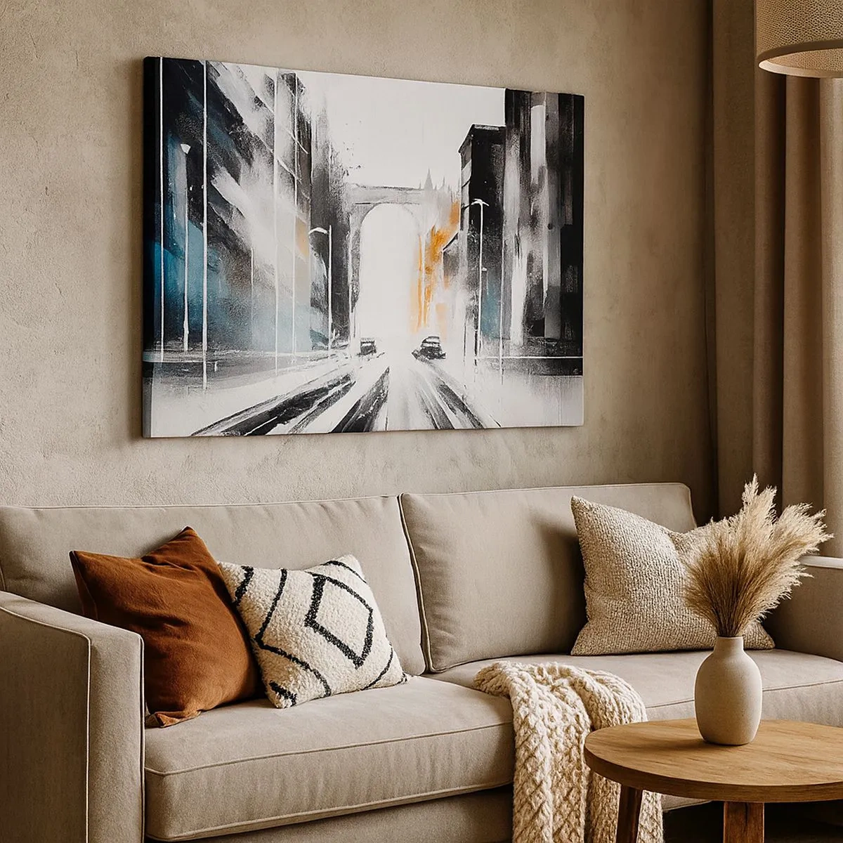 Bild auf Leinwand - Leinwandbild - Abstraktes Stadtpanorama mit einer Bogenbrücke - 70x50cm - Stadtstudie: Architektur und Bewegung - Moderne Wanddekoration für Wohnzimmer und Schlafzimmer ARTTOR