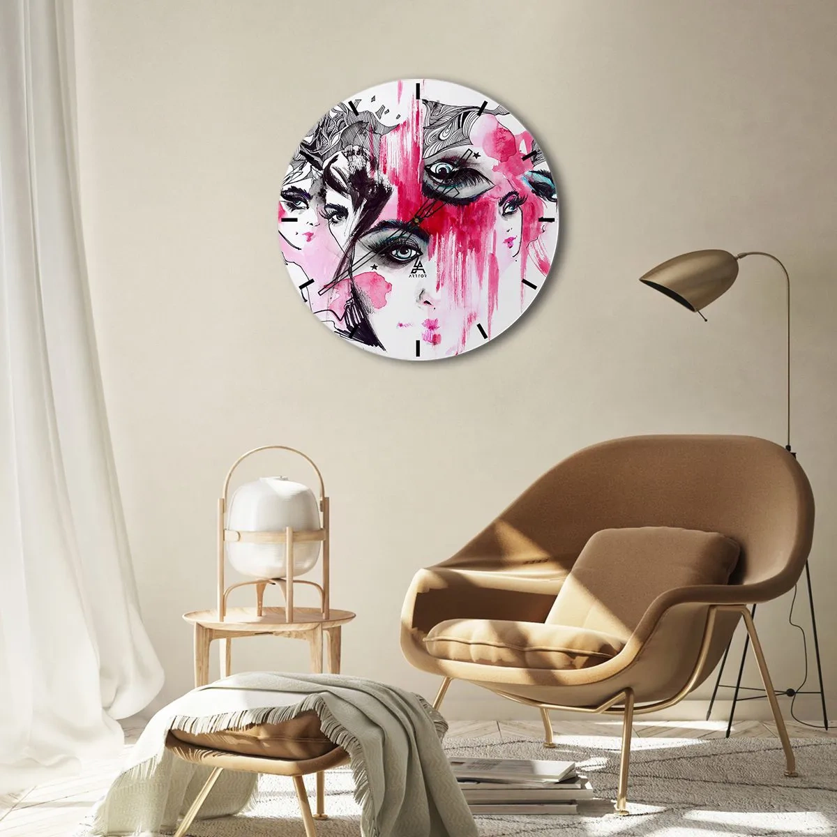 Wanduhr - Glasuhr - Abstrakte Frauenporträts in Pink und Schwarz - 30x30cm - Abstrakte Augen - Moderne Wanddekoration für Wohnzimmer, Küche und Schlafzimmer ARTTOR