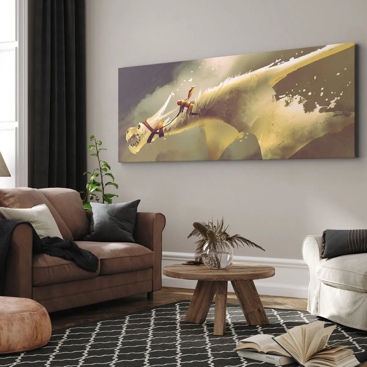 Bild auf Leinwand - Leinwandbild - Illustration eines Drachenreiters in einer Fantasy-Wolkenlandschaft - 160x50cm - Die Welt zur Rettung - Moderne Wanddekoration für Wohnzimmer und Schlafzimmer ARTTOR