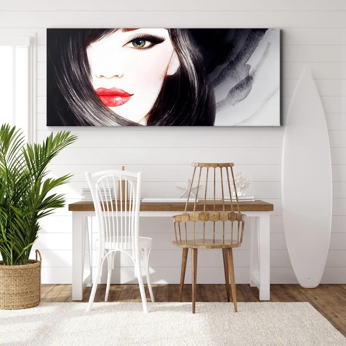 Bild auf Leinwand - Leinwandbild - Porträt einer Frau mit ausdrucksstarkem Blick und roten Lippen - 120x50cm - Saphir-Optik - Moderne Wanddekoration für Wohnzimmer und Schlafzimmer ARTTOR