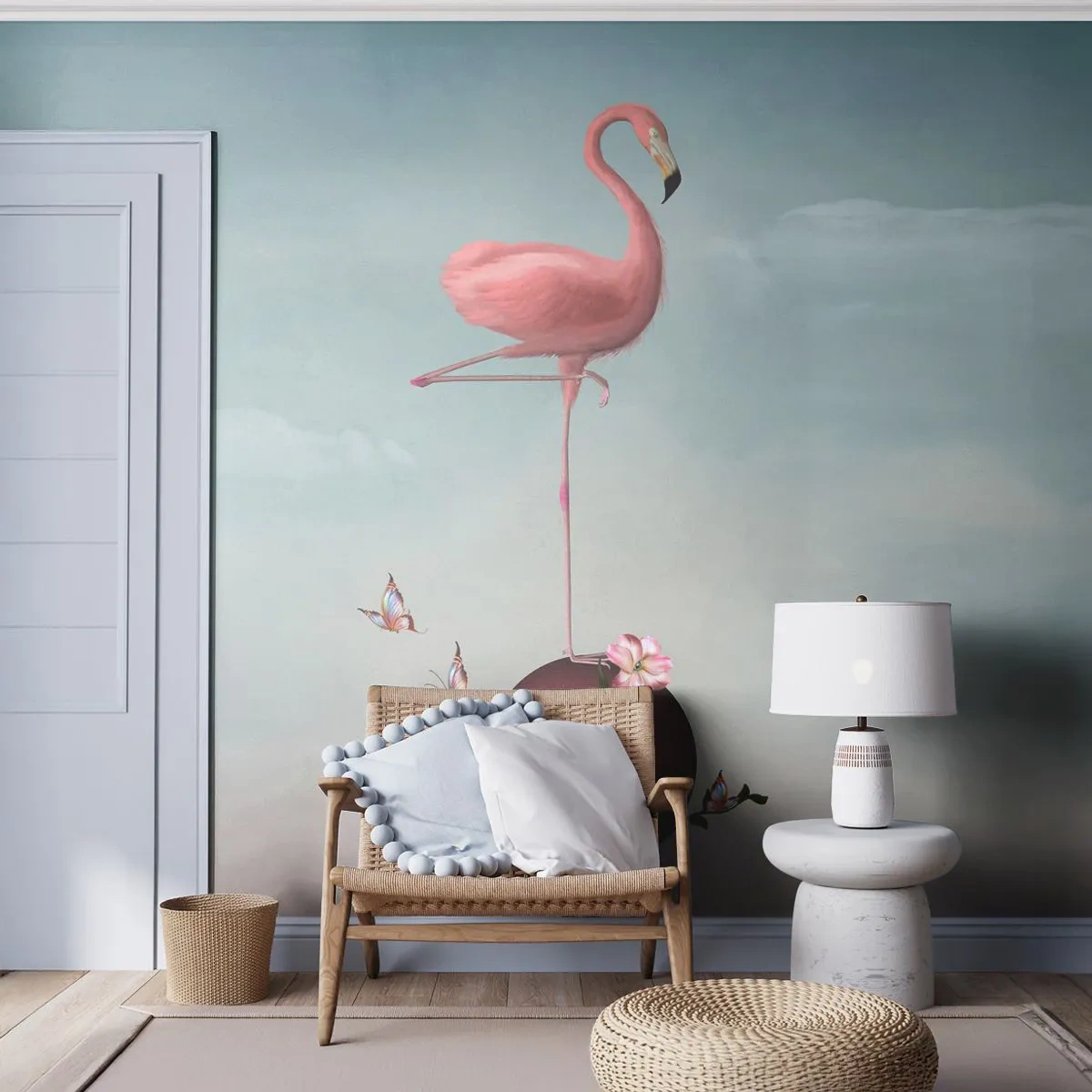 Fototapete Premium Sand - Ein rosa Flamingo balanciert auf einem Blumenball - 100x70cm - Basketball-Allegorie - Moderne Wanddekoration für Wohnzimmer und Schlafzimmer ARTTOR