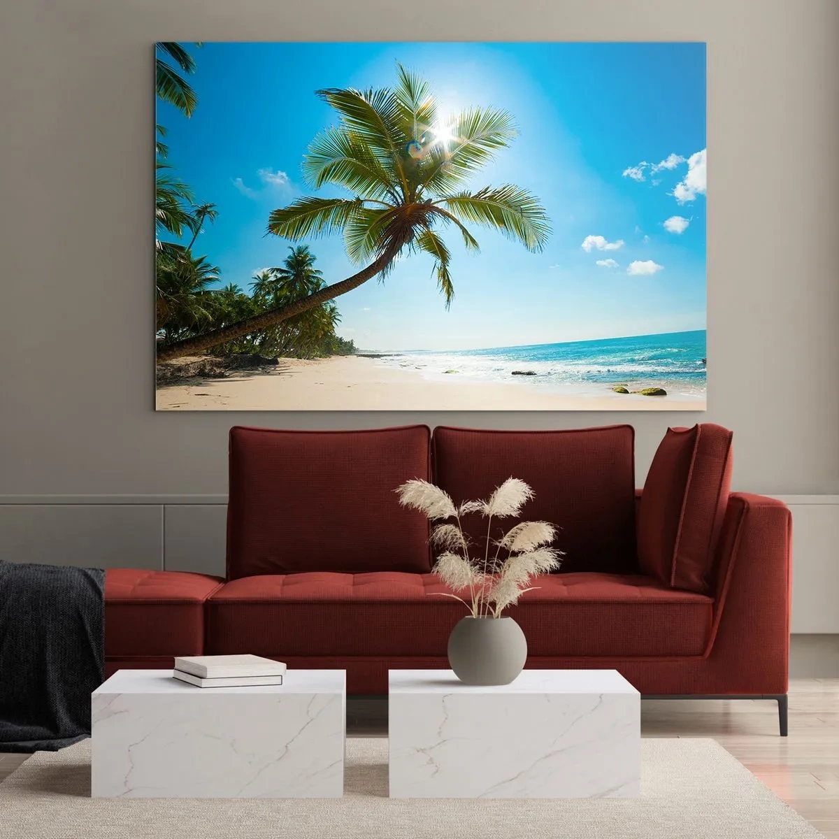Glasbild - Bild auf glas - Tropischer Strand mit Palmen und blauem Himmel - 70x50cm - Niemandem zeigen - Moderne Wanddekoration für Wohnzimmer und Schlafzimmer ARTTOR