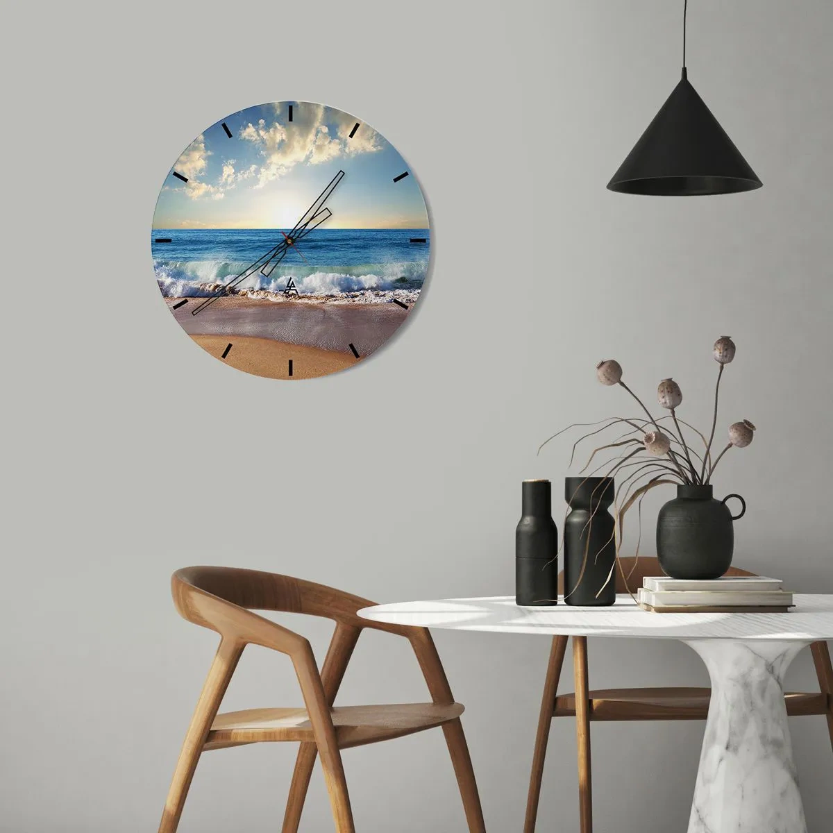 Wanduhr - Glasuhr - Strand am Morgen mit Wellen und sonnigem Himmel - 30x30cm - Bewegung und Stille zugleich - Moderne Wanddekoration für Wohnzimmer, Küche und Schlafzimmer ARTTOR