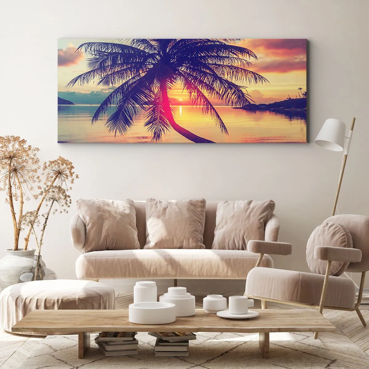 Bild auf Leinwand - Leinwandbild - Sonnenuntergang mit einer Palme über einem ruhigen Ufer - 160x50cm - Abend unter Palmen - Moderne Wanddekoration für Wohnzimmer und Schlafzimmer ARTTOR
