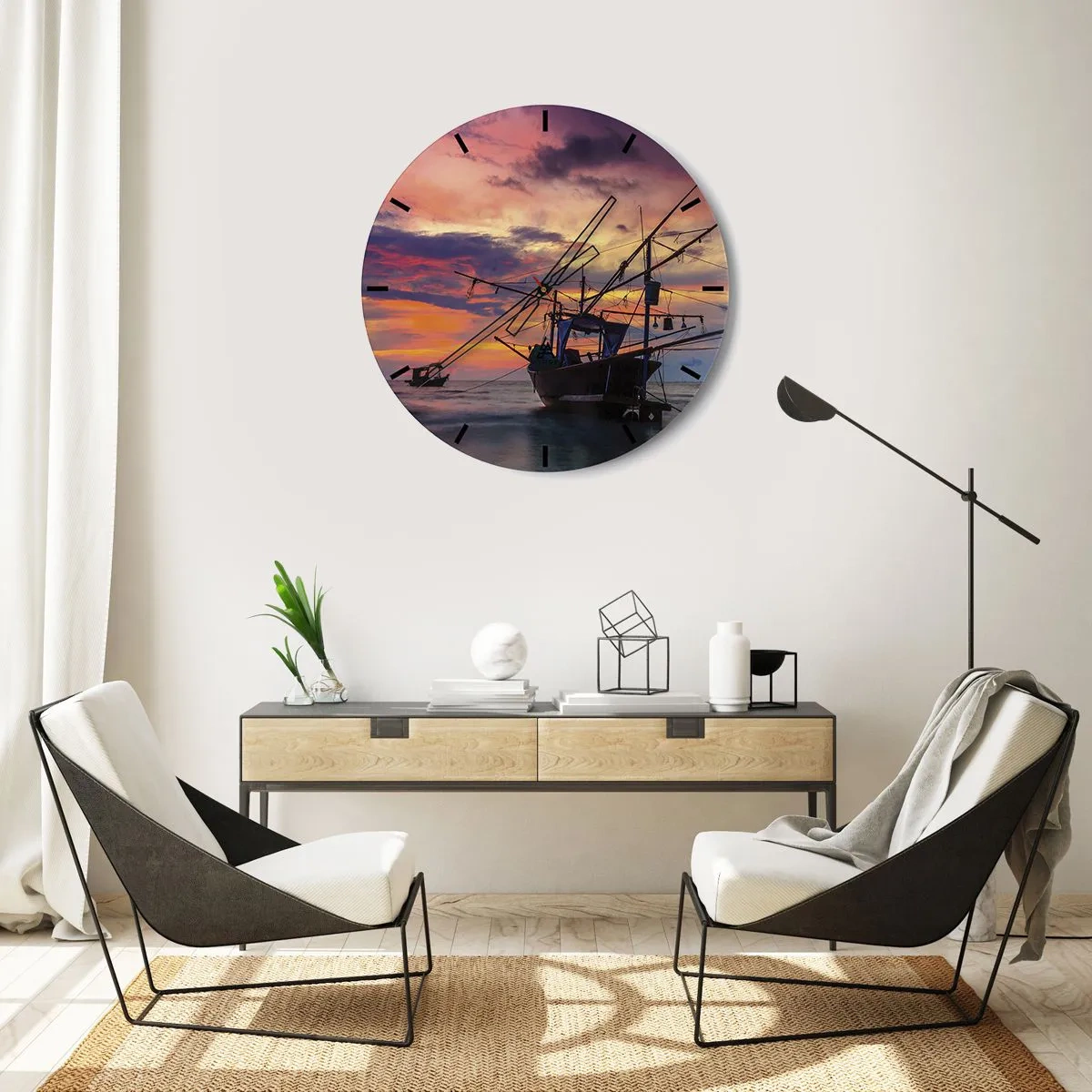 Wanduhr - Glasuhr - Ein Fischerboot vor der Kulisse der untergehenden Sonne - 30x30cm - Exotischer Abend - Moderne Wanddekoration für Wohnzimmer, Küche und Schlafzimmer ARTTOR