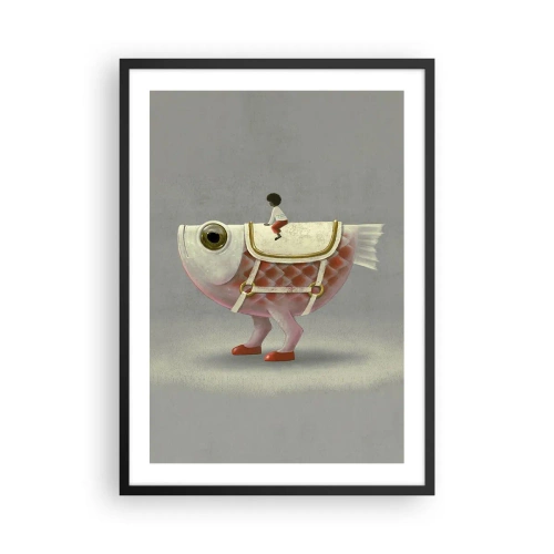 Poster in einem schwarzem Rahmen - Ein Fantasiefisch mit Sattel und Figur auf grauem Hintergrund - 50x70cm - Reiter auf einem surrealen Fisch - Moderne Wanddekoration für Wohnzimmer und Schlafzimmer ARTTOR