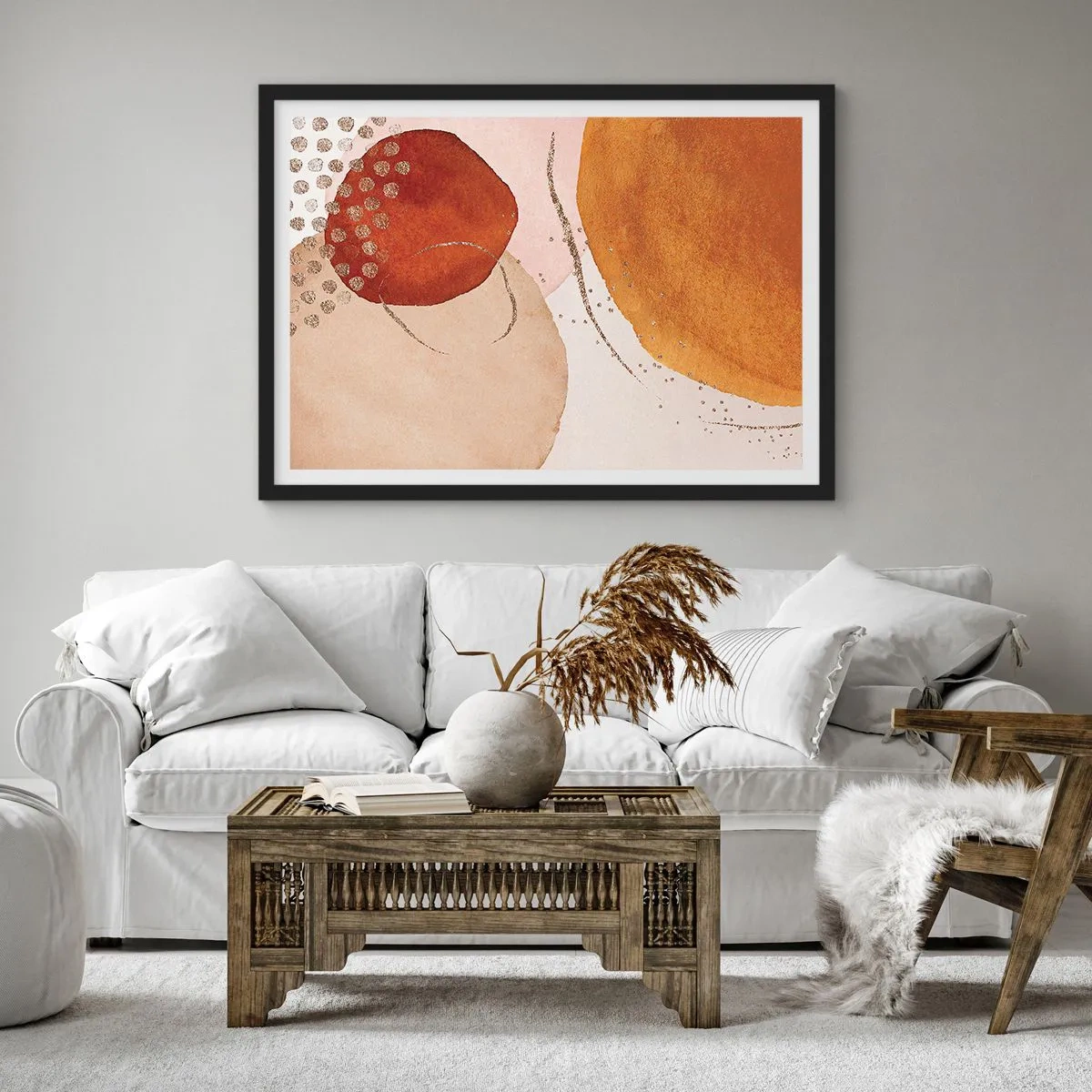 Poster in einem schwarzem Rahmen - Abstrakte Formen in warmen Braun- und Goldtönen - 100x70cm - Rundheit und Bewegung - Moderne Wanddekoration für Wohnzimmer und Schlafzimmer ARTTOR