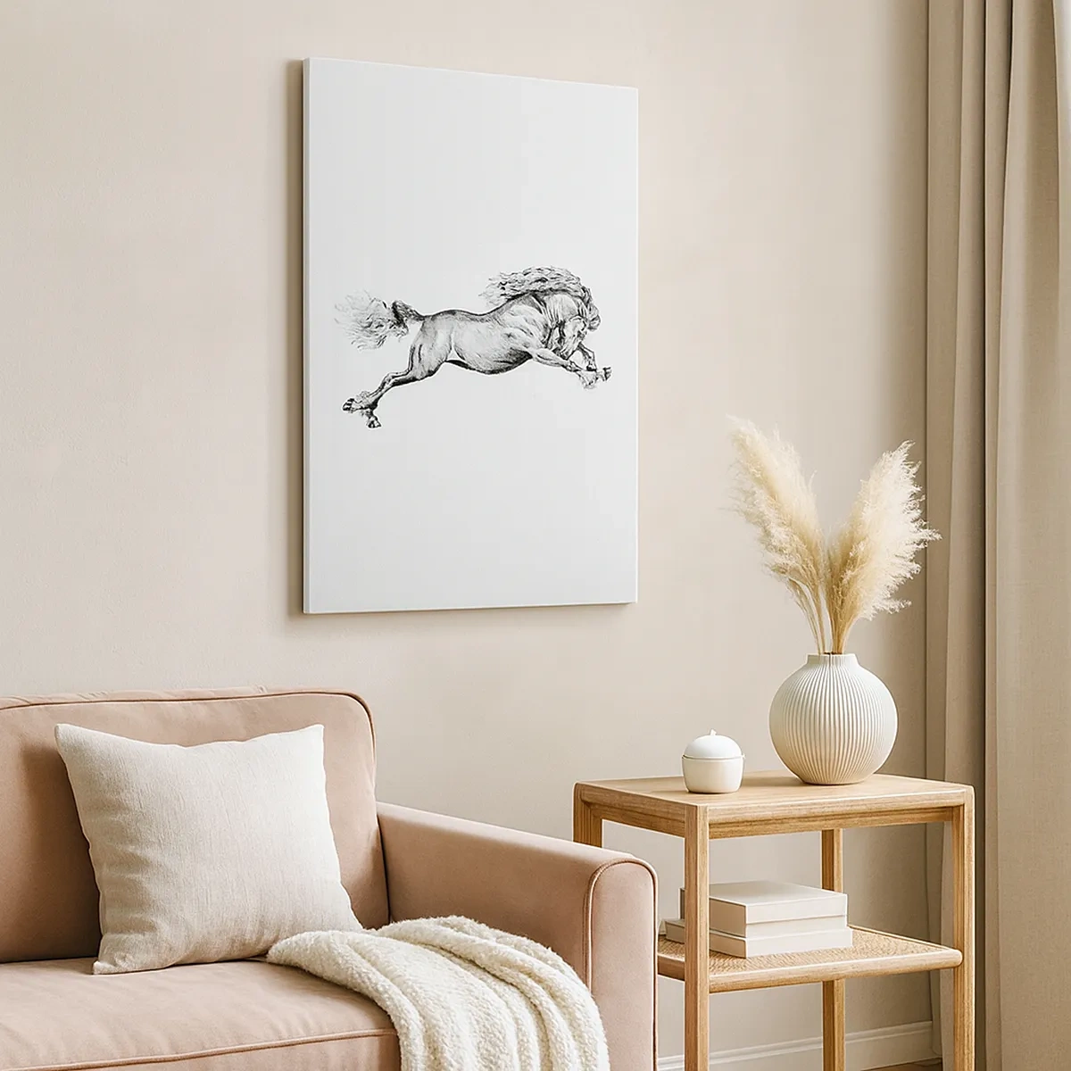 Bild auf Leinwand - Leinwandbild - Skizze eines Pferdes im dynamischen Galopp auf weißem Hintergrund - 50x70cm - Im Galopp festgehalten - Moderne Wanddekoration für Wohnzimmer und Schlafzimmer ARTTOR