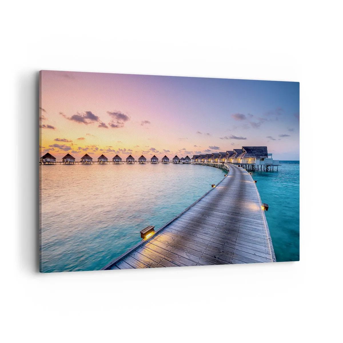 Bild auf Leinwand - Leinwandbild - Der Pier, der bei Sonnenuntergang zu den Cottages am Wasser führt - 120x80cm - Urlaub - zurück zu den Quellen - Moderne Wanddekoration für Wohnzimmer und Schlafzimmer ARTTOR